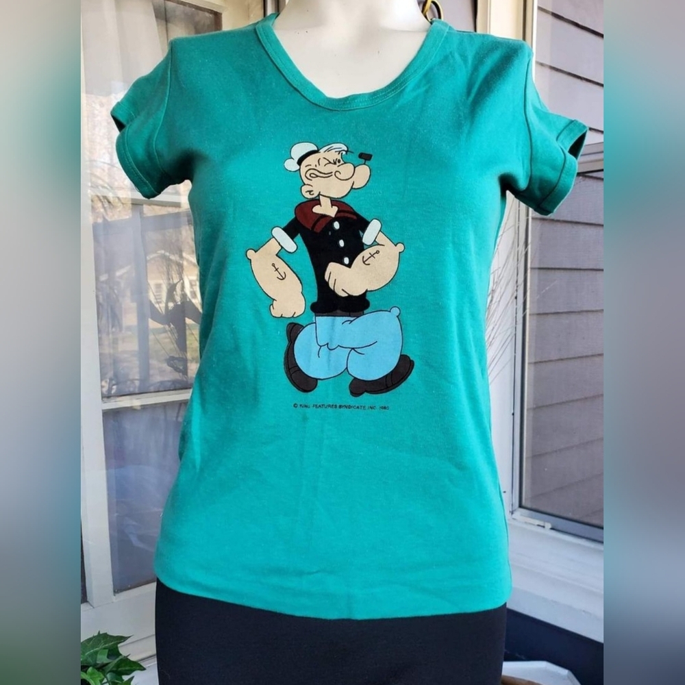 VTG 80's Cartoon Network Popeyes Sailor Man Turquoise Green Cotton T-shirt / S